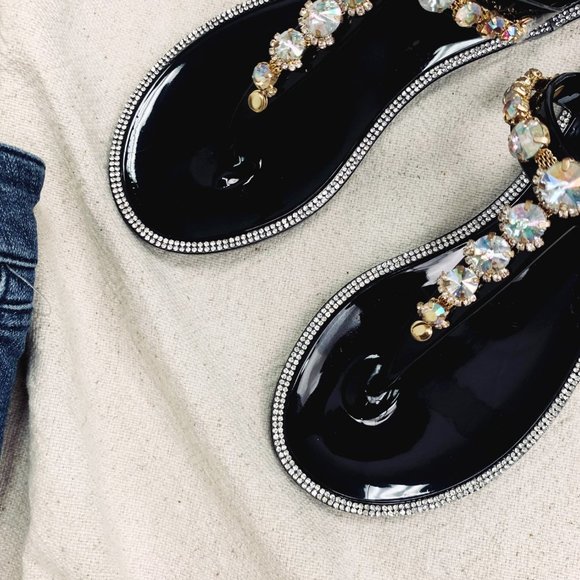 NEW🔥 Bling Rhinestone Crystal T-Strap Flat Jelly Slide Sandals Thong Open Toe - Picture 6 of 6